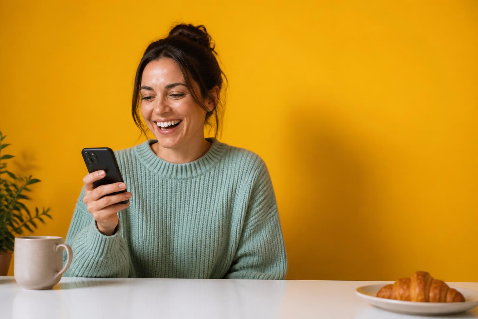 A café owner laughing at her phone at a white desk against a yellow studio backdrop
