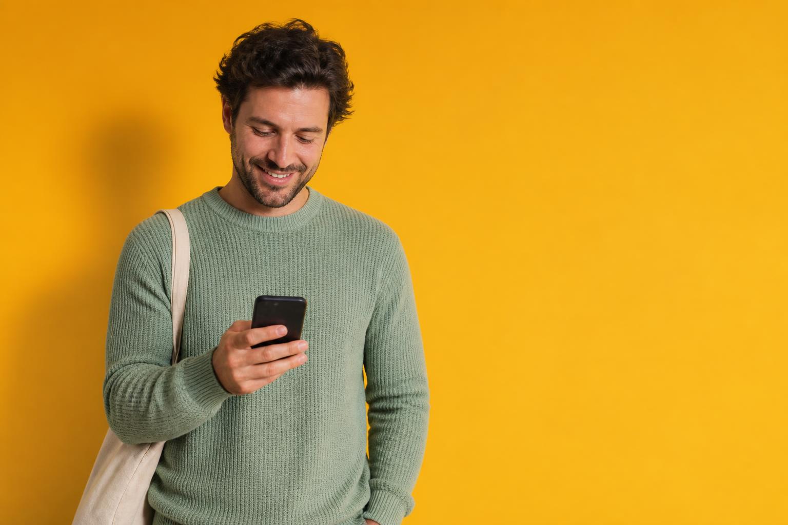 A man with a tote bag smiling at his phone against a yellow studio backdrop
