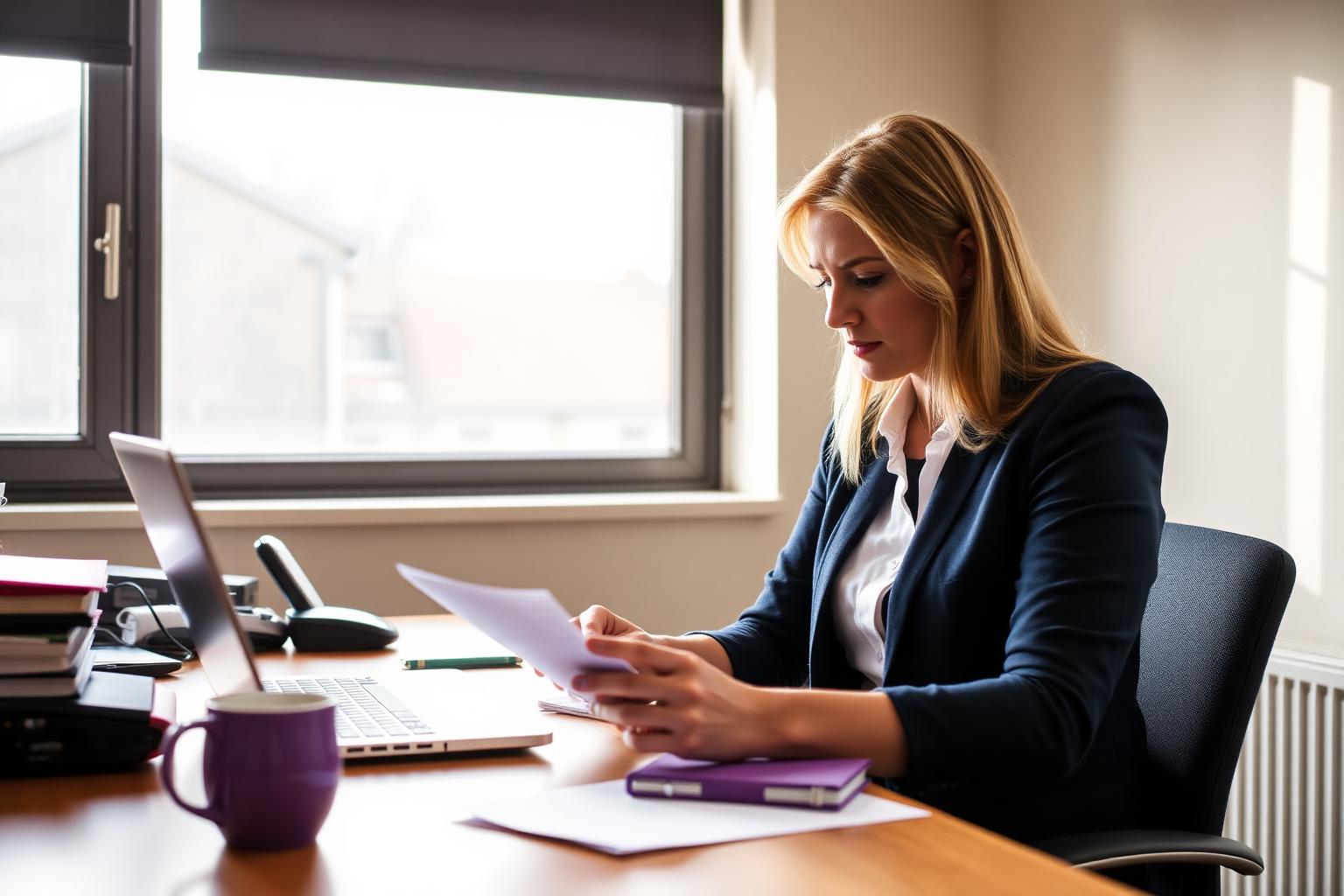 A charity finance officer at her desk reviewing a phone bill