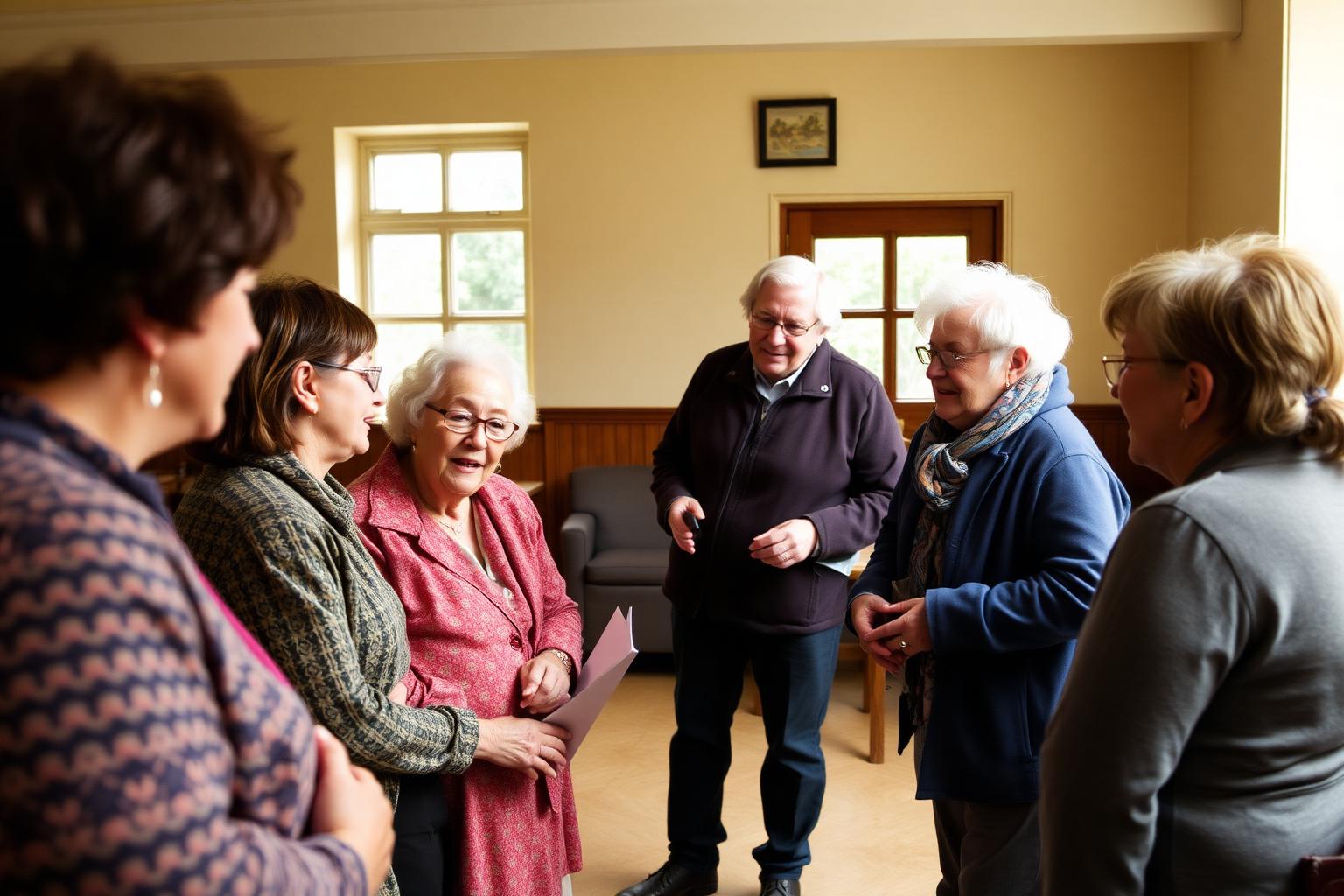 Members of a local community group talking together in a village hall