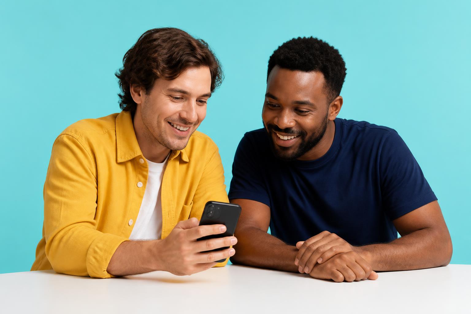 Two colleagues, one in a yellow overshirt and one in a navy tee, looking at one phone against a teal studio backdrop