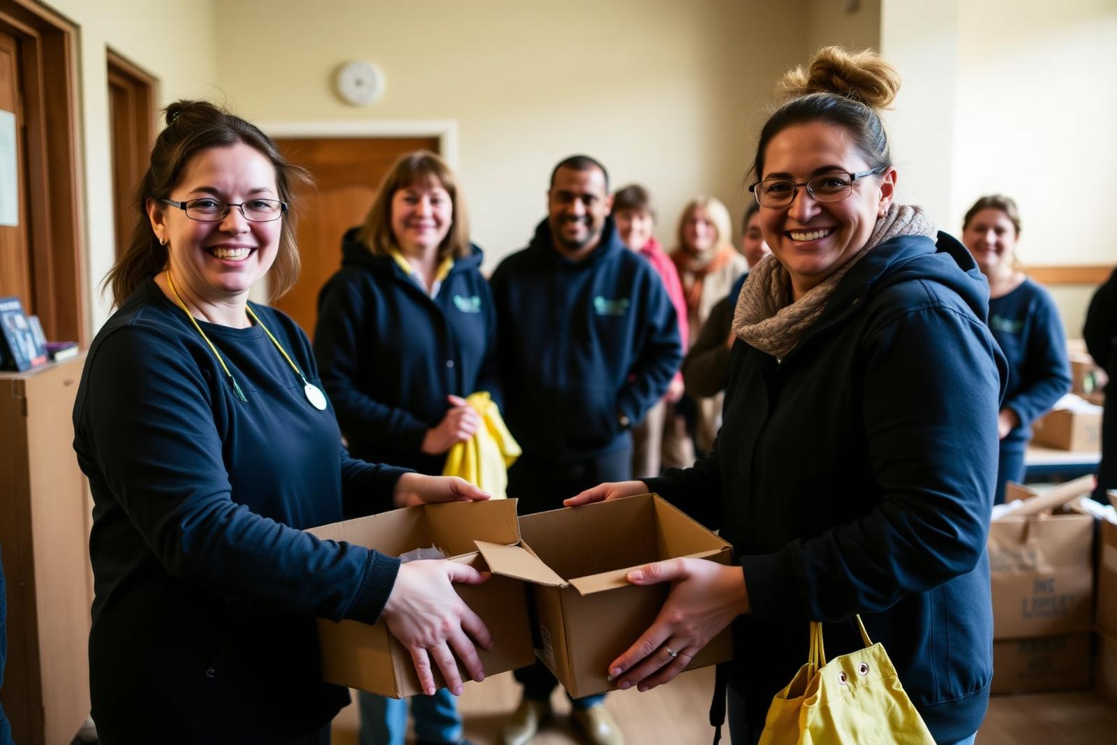 Volunteers at a UK community project handing over a box of donated goods