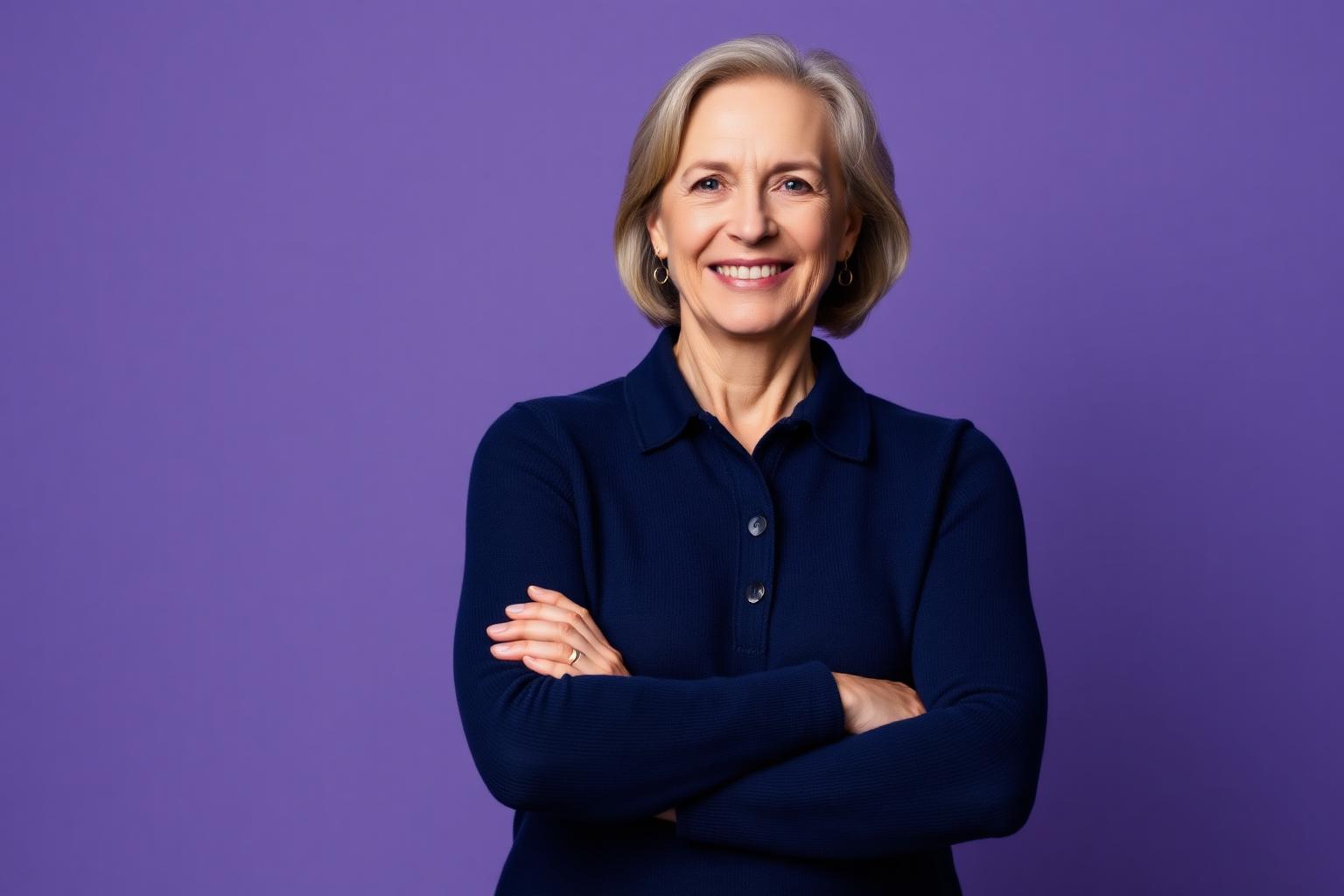 A woman in a navy knitted polo with arms folded against a purple studio backdrop
