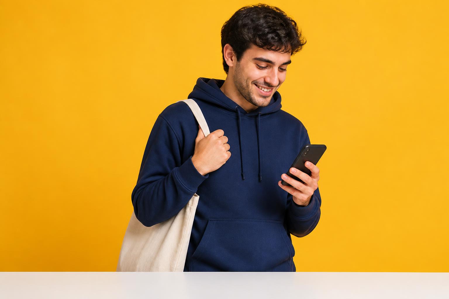 A man in a navy hoodie with a tote bag smiling at his phone against a yellow studio backdrop