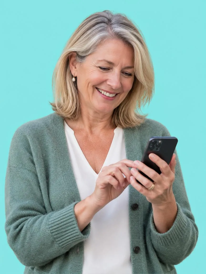 A charity director smiling at her phone.