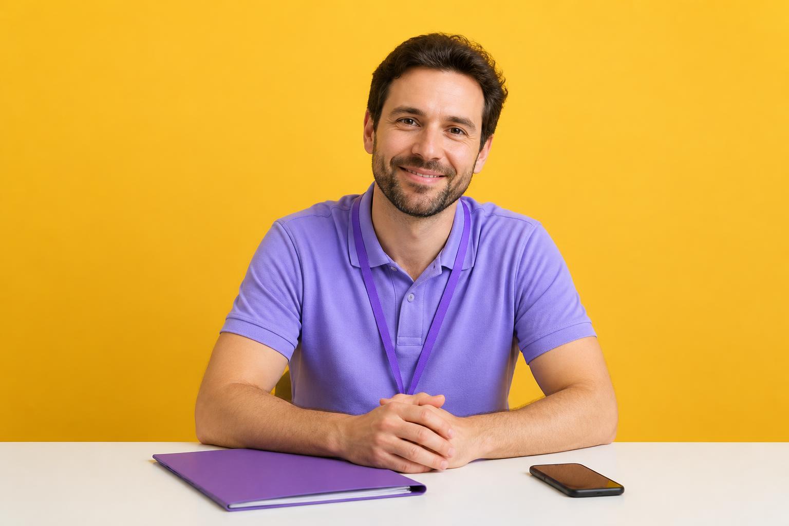 A charity worker in a purple polo shirt and lanyard smiling at a white desk against a yellow studio backdrop