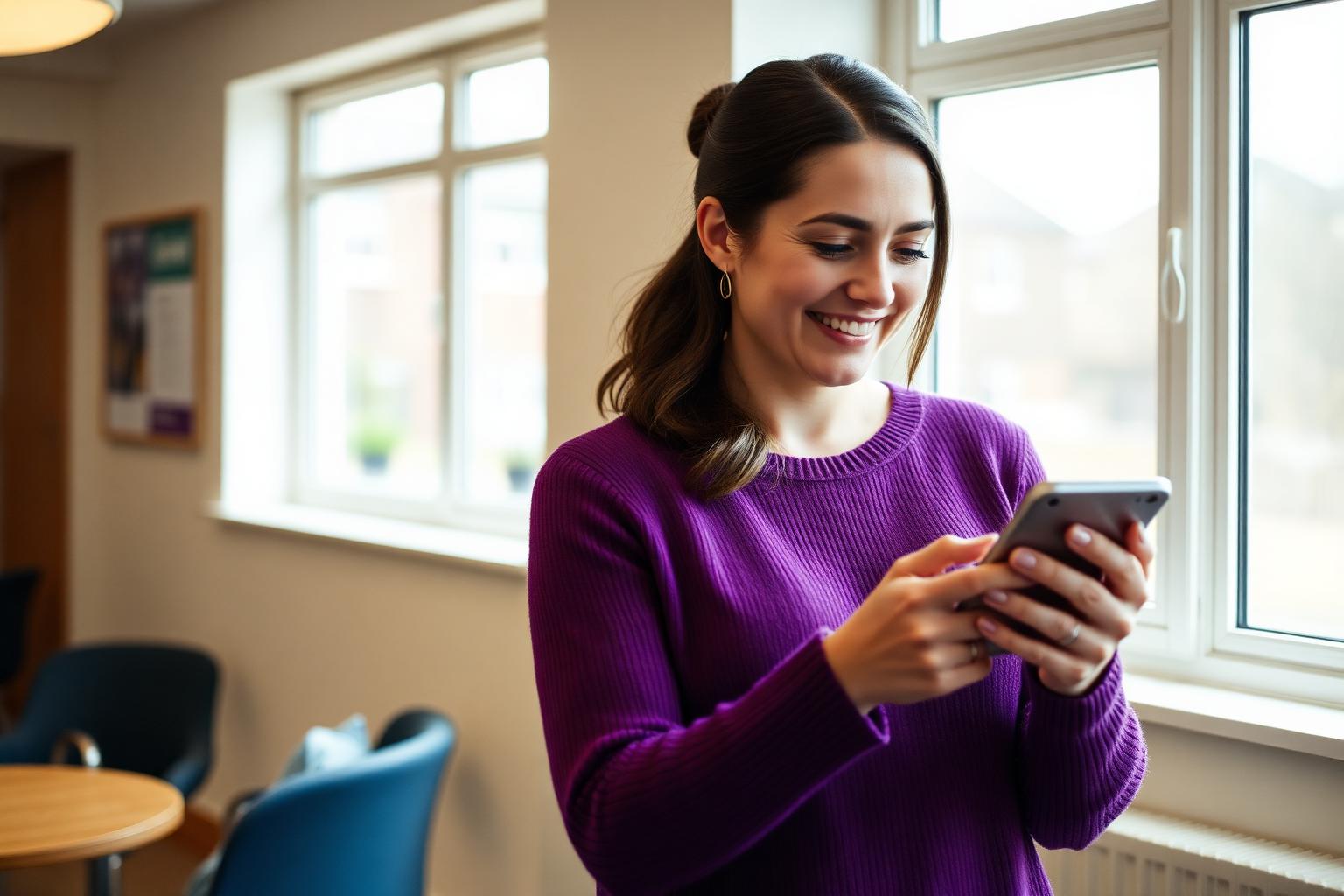A charity fundraising manager smiling at her phone in a community centre