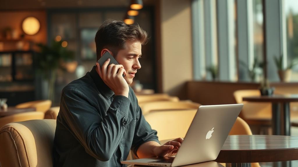 Person taking a call over WiFi while working in a cafe