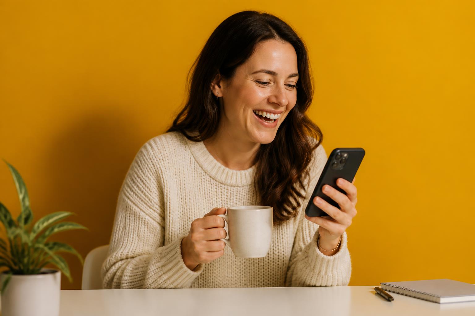 A woman holding a mug of tea and laughing at her phone against a yellow studio backdrop