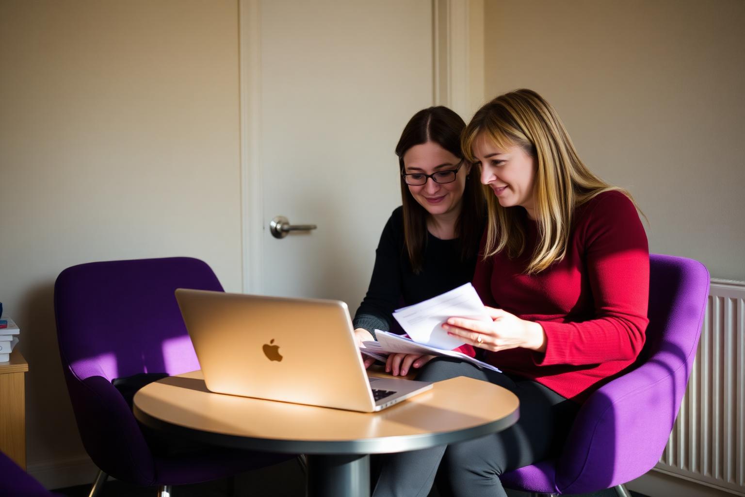 Two charity colleagues reviewing their budget on a laptop