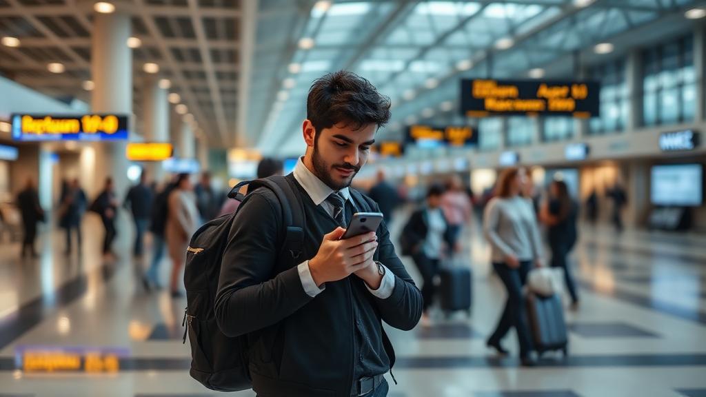 Business traveller checking their phone in an airport terminal