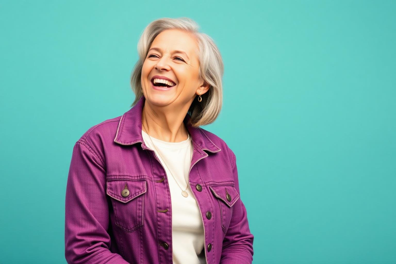 A woman in a purple denim jacket laughing against a teal studio backdrop