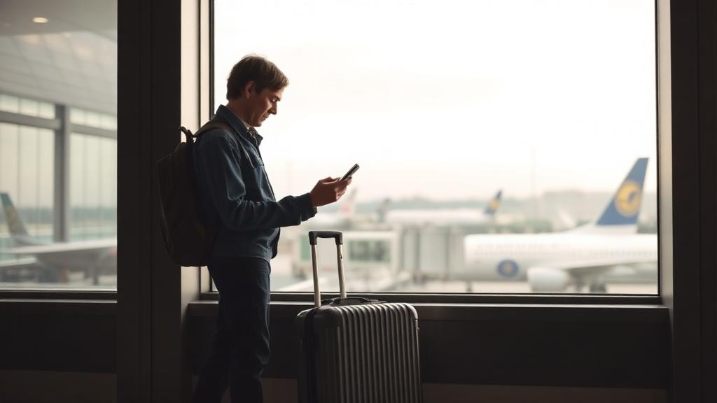 Business traveller checking their phone by an airport window