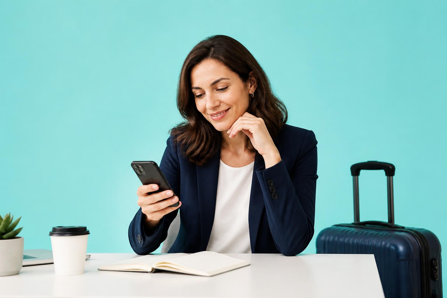 A business traveller in a navy blazer with a cabin case, checking her phone against a teal studio backdrop