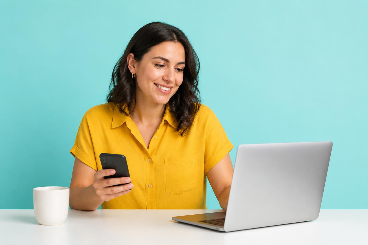 A business owner in a yellow shirt checking her account on a laptop and phone at a white desk against a teal studio backdrop