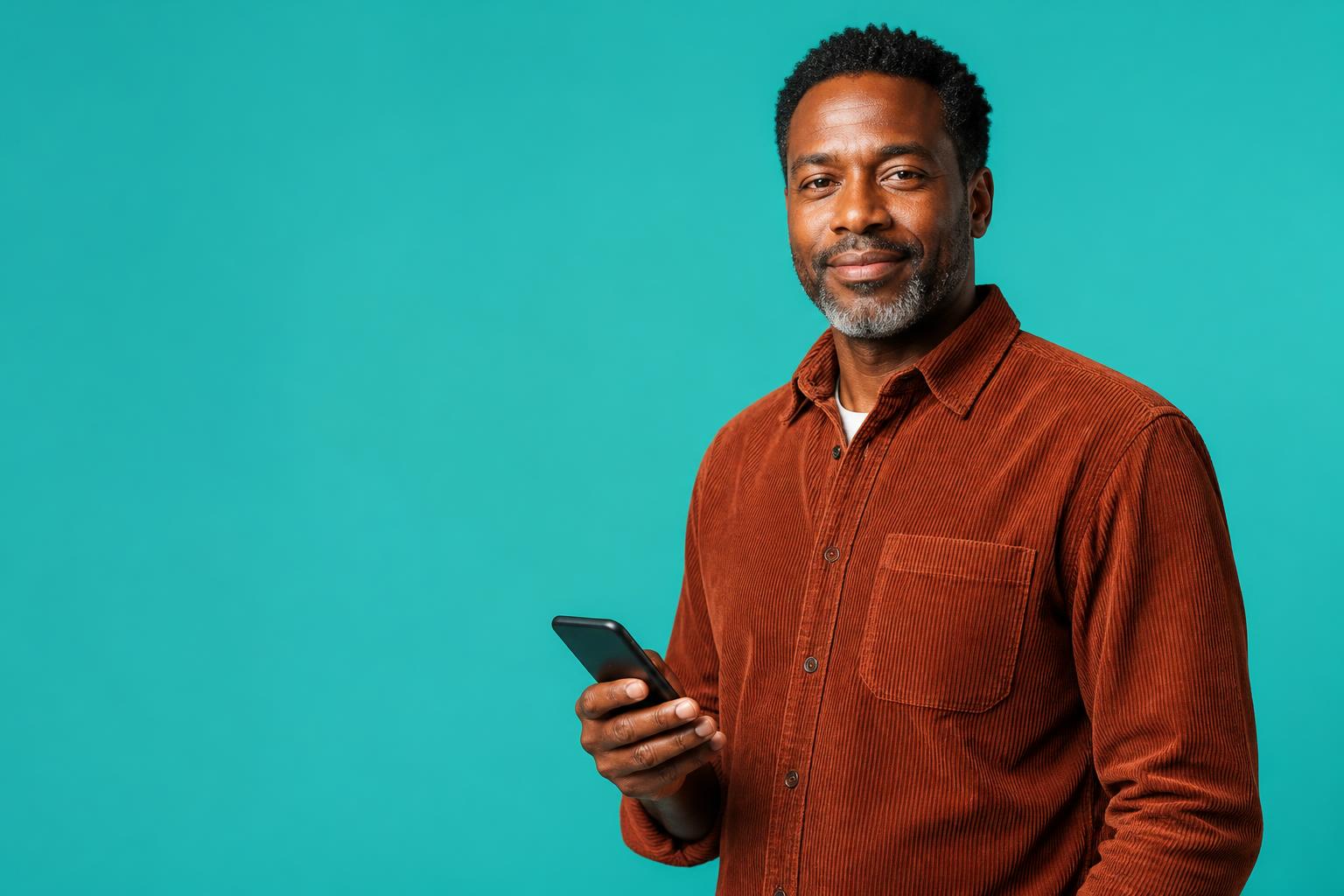 A charity operations manager in a rust corduroy shirt holding his phone against a teal studio backdrop