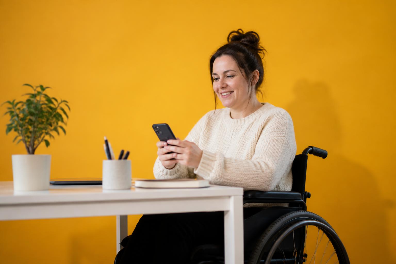 A wheelchair-using charity worker smiling at her phone at a white desk against a yellow studio backdrop