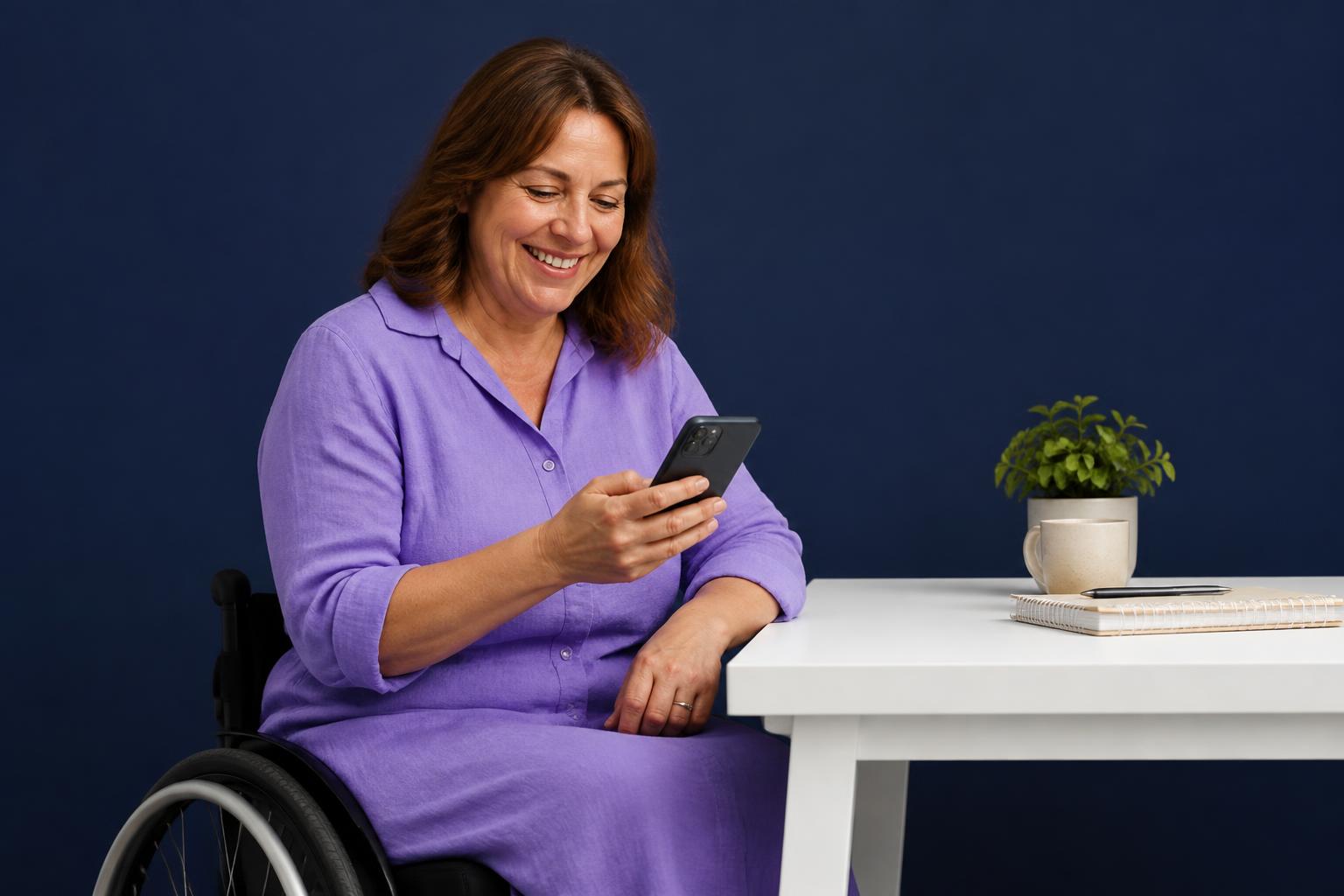 A wheelchair-using charity worker in a purple linen shirt-dress smiling at her phone against a navy studio backdrop