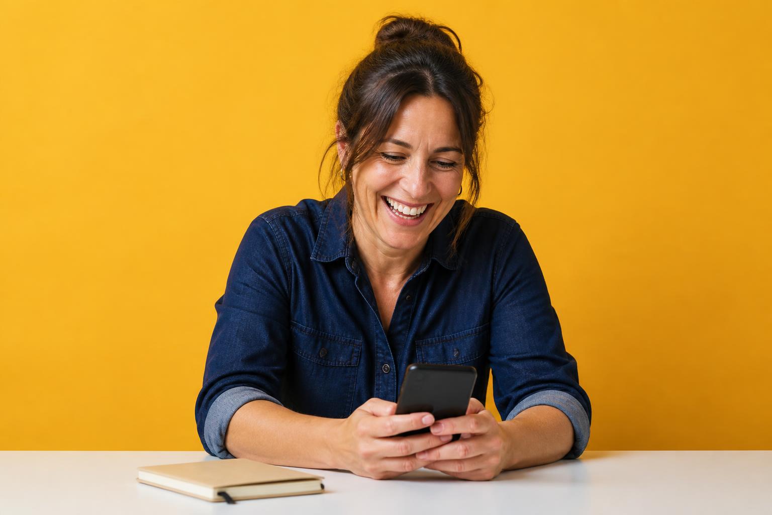 A café owner in a navy denim shirt laughing at her phone at a white desk against a yellow studio backdrop