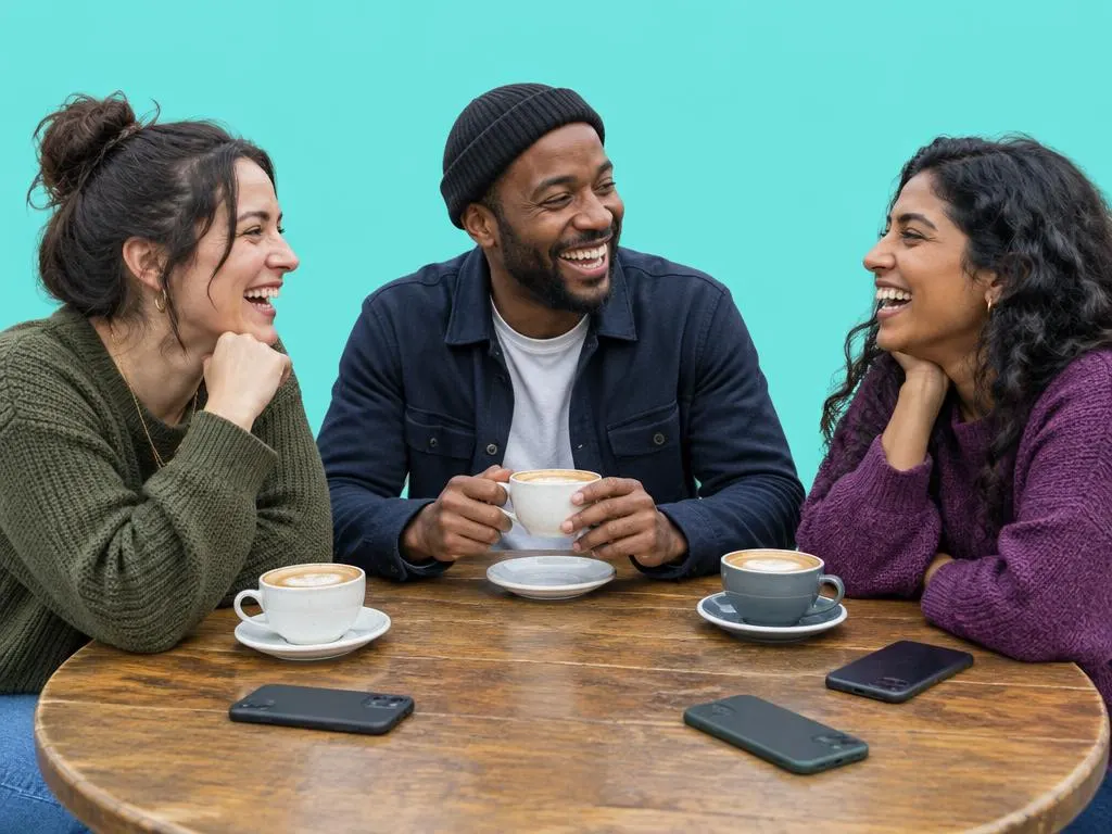 Friends laughing at a café abroad