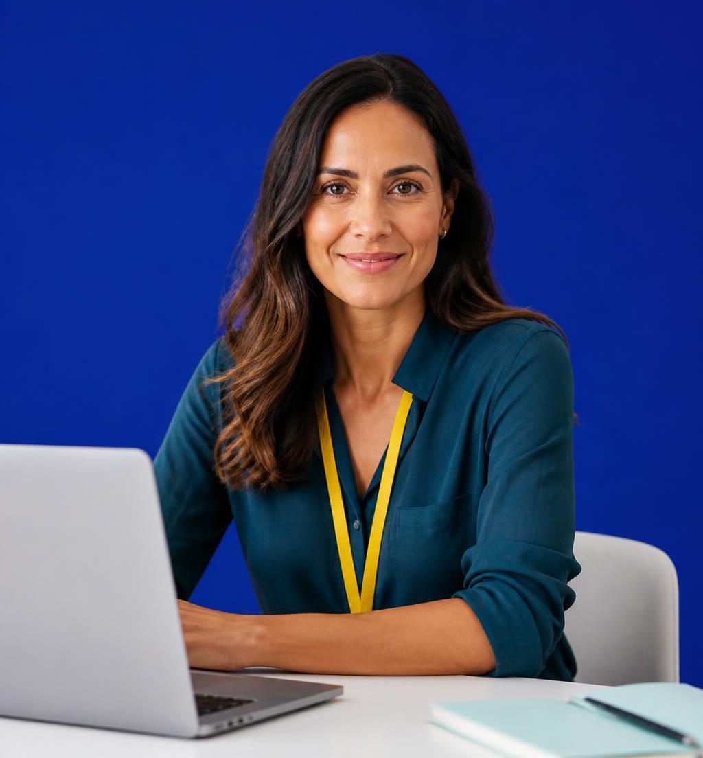 A Kindly business account manager in a teal shirt with a yellow lanyard, working at a laptop against a navy studio backdrop