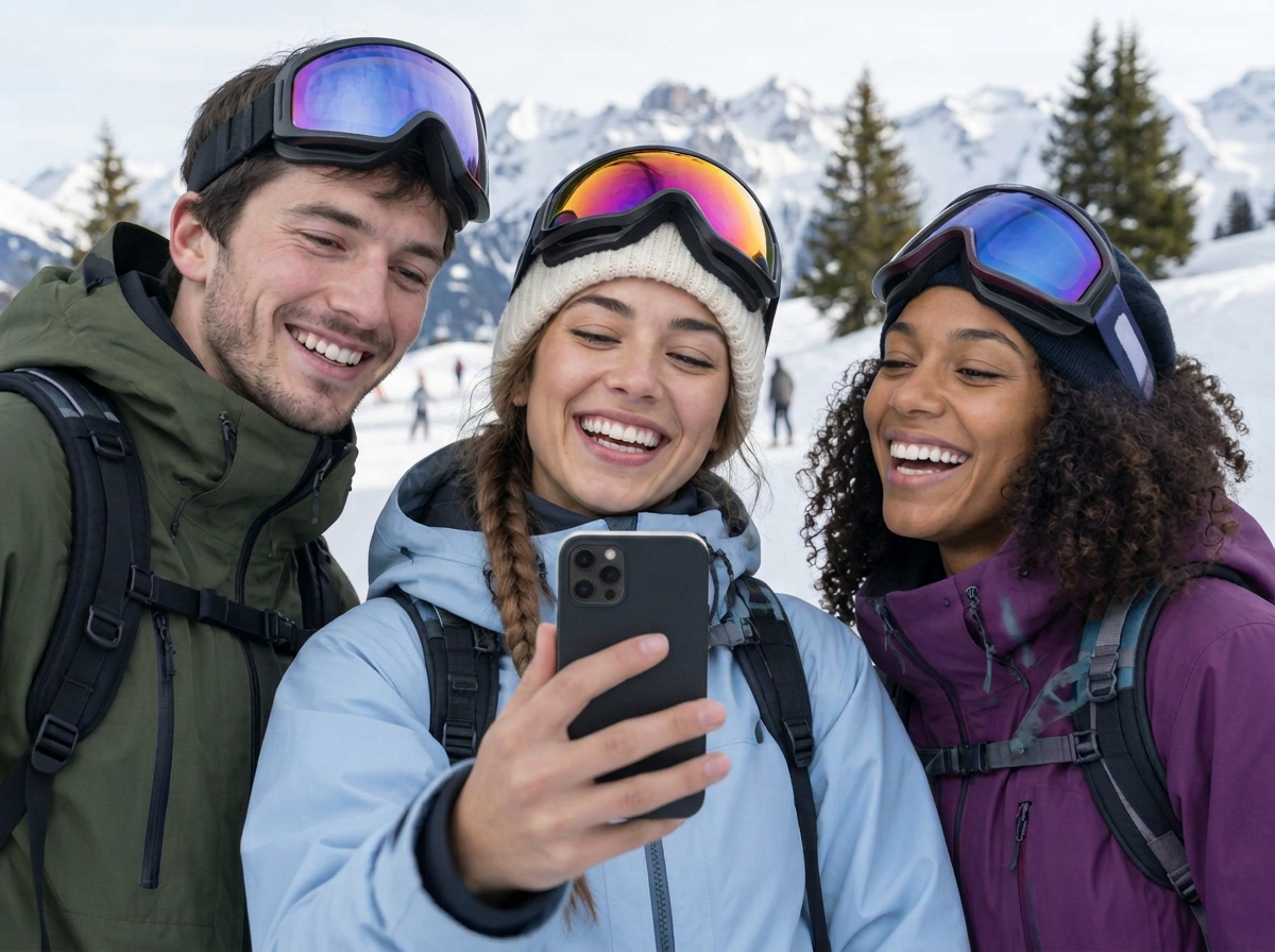 Friends checking their phone on a snowy Swiss ski slope