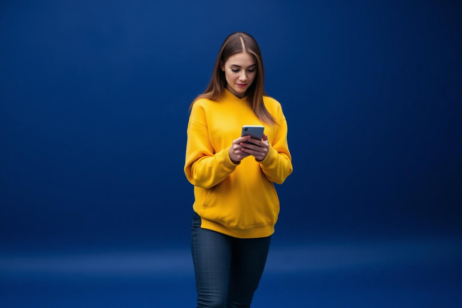 A woman in a yellow fleece checking her phone against a navy studio backdrop