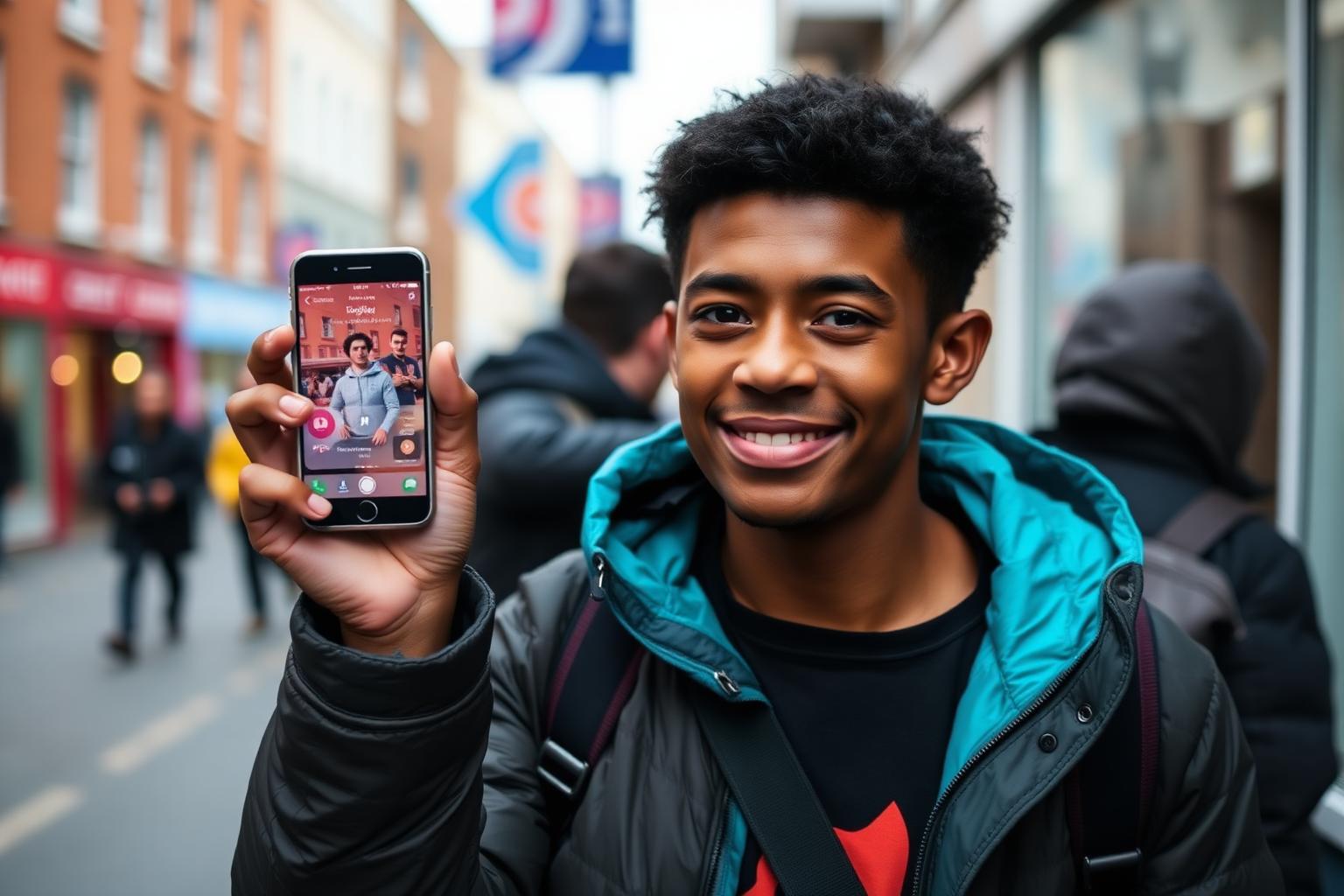 A supporter on a high street holding up their phone
