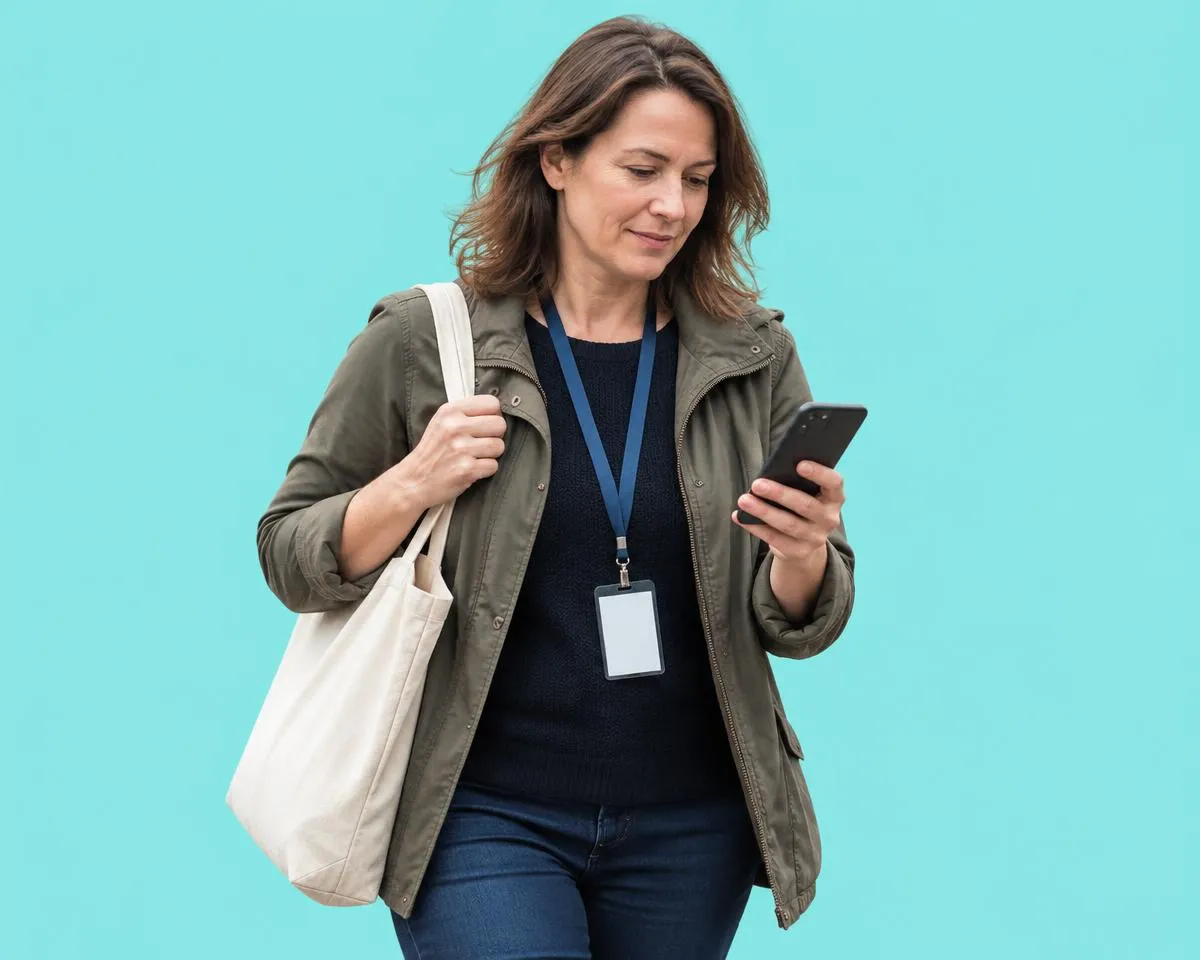 An outreach worker checking her phone.