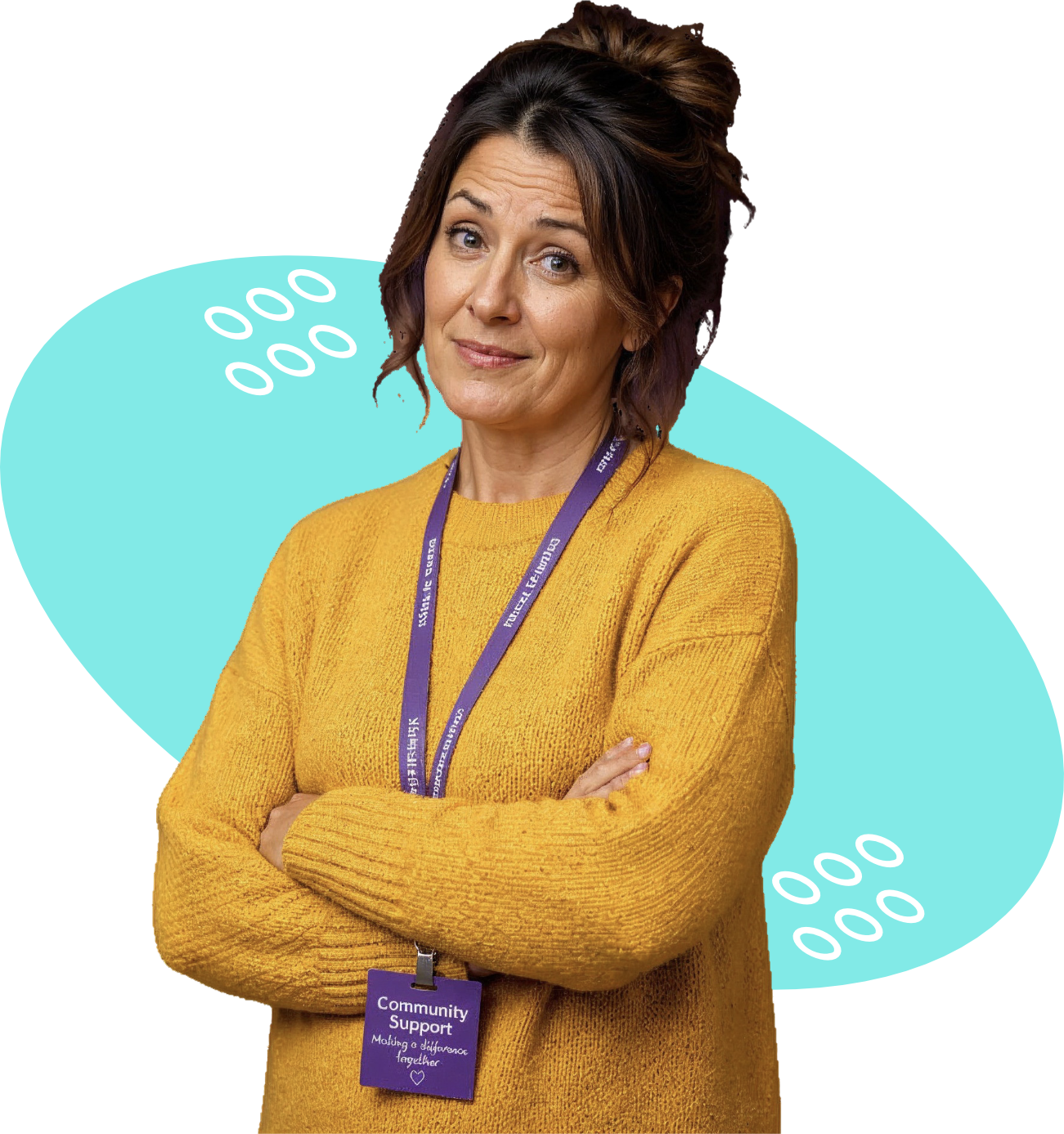 Kindly community support team member in a yellow jumper with a purple lanyard, arms folded