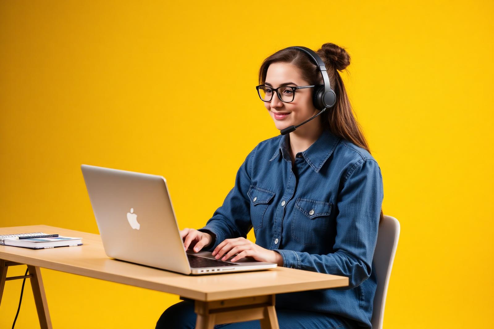 A Kindly support team member working at a laptop with a headset against a bright yellow backdrop