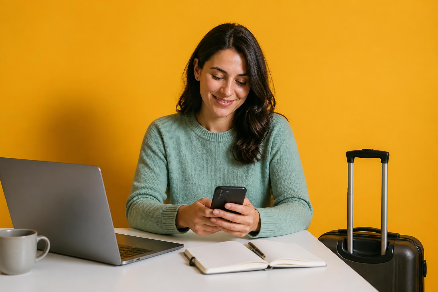 A business traveller using their phone safely abroad.