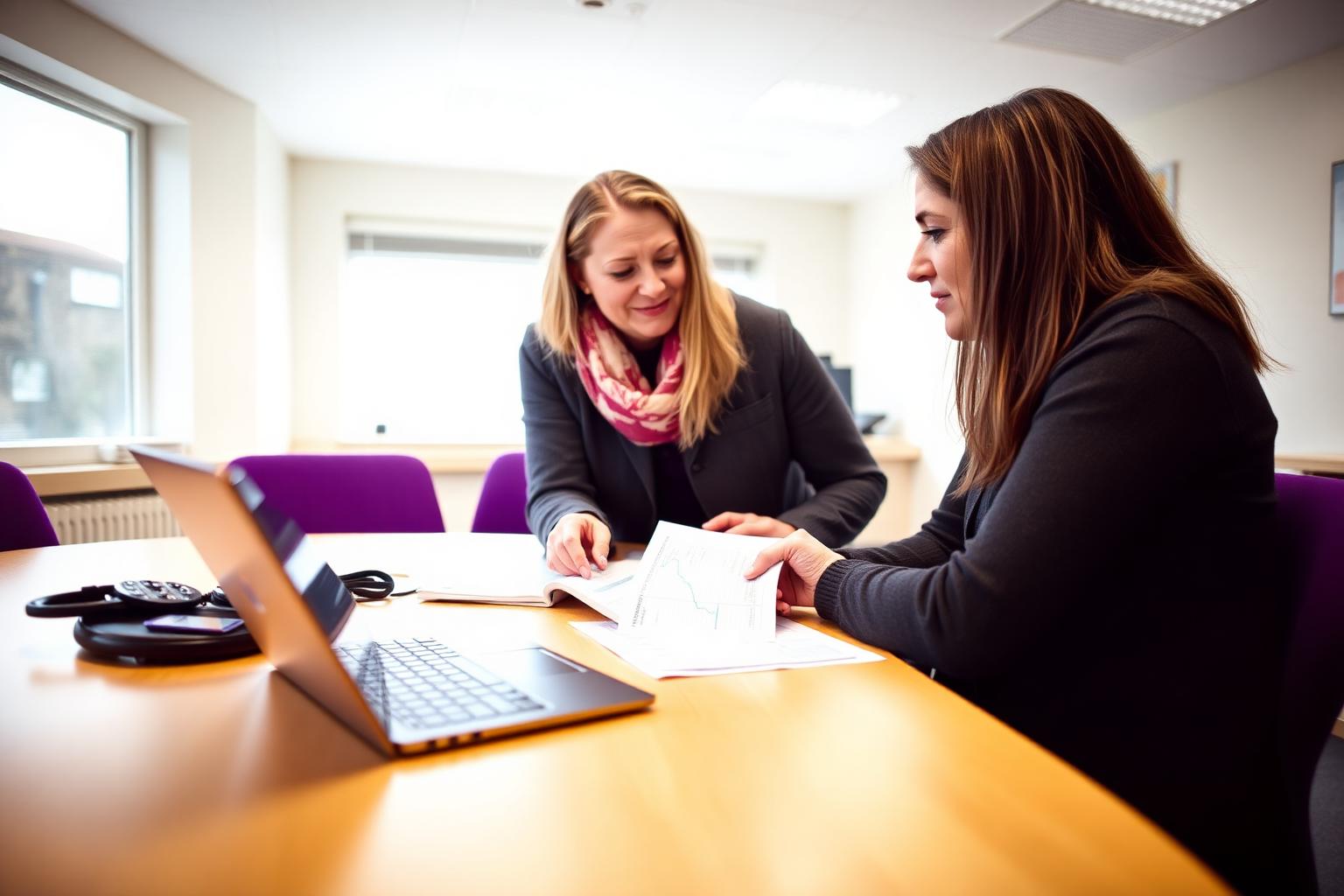 Two charity colleagues planning a multi-year budget at a meeting table