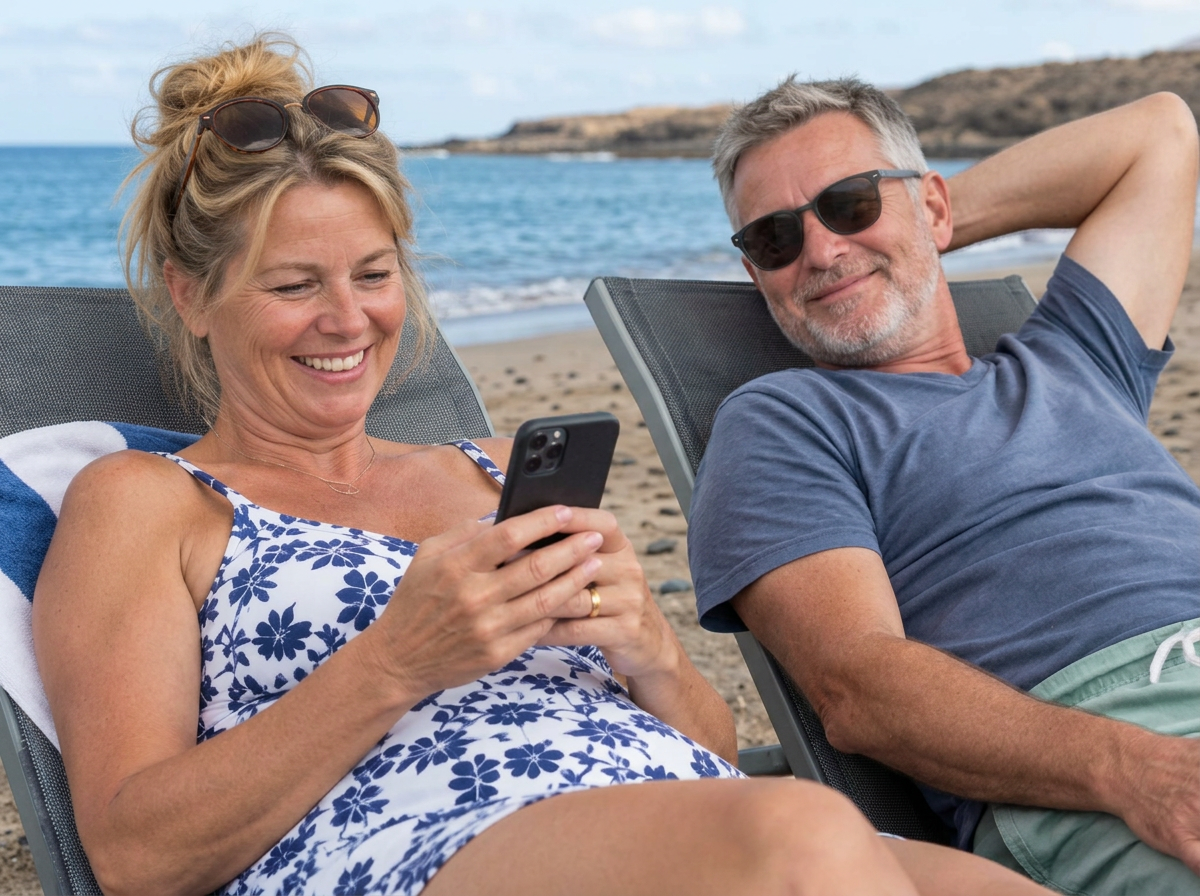 A couple relaxing on beach loungers beside the Canary Islands coast