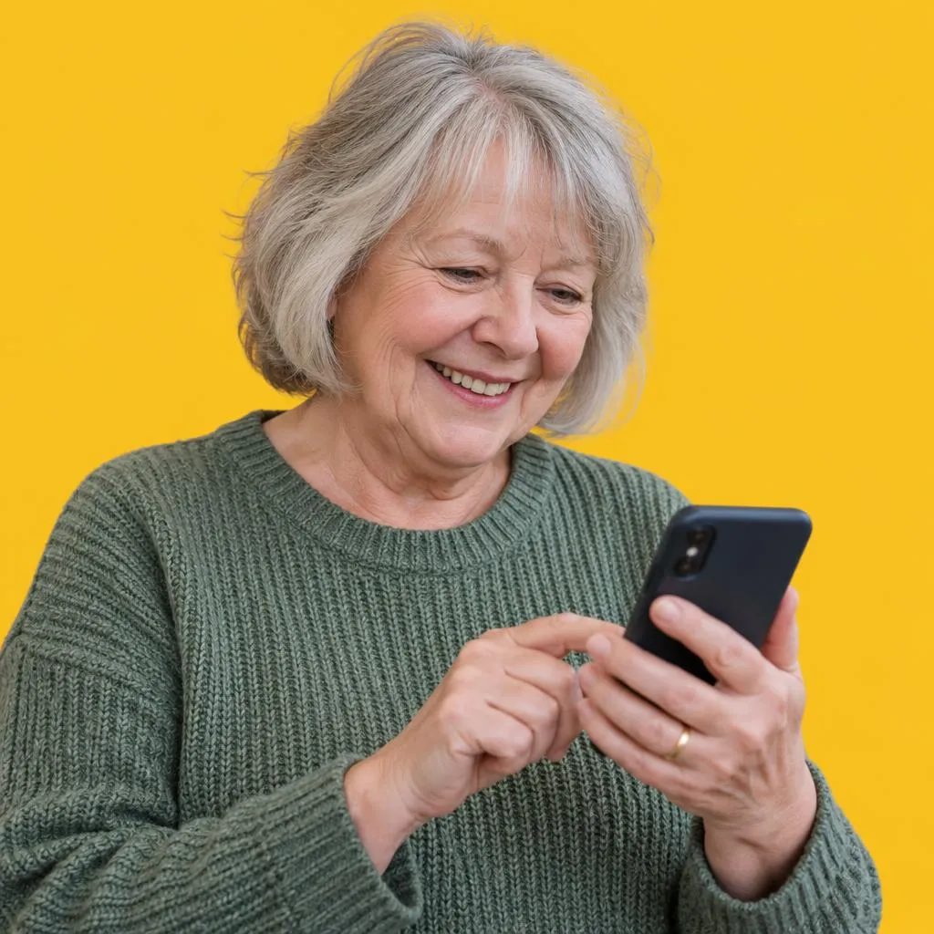 A volunteer smiling at her phone.