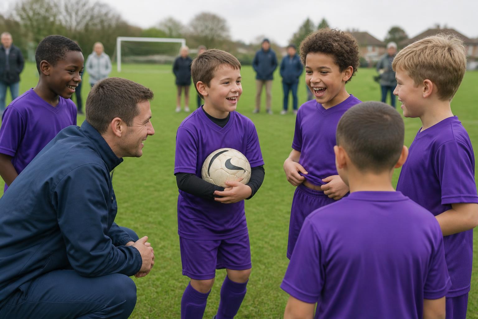 Children in purple football kit laughing with their coach at a community football session in a park