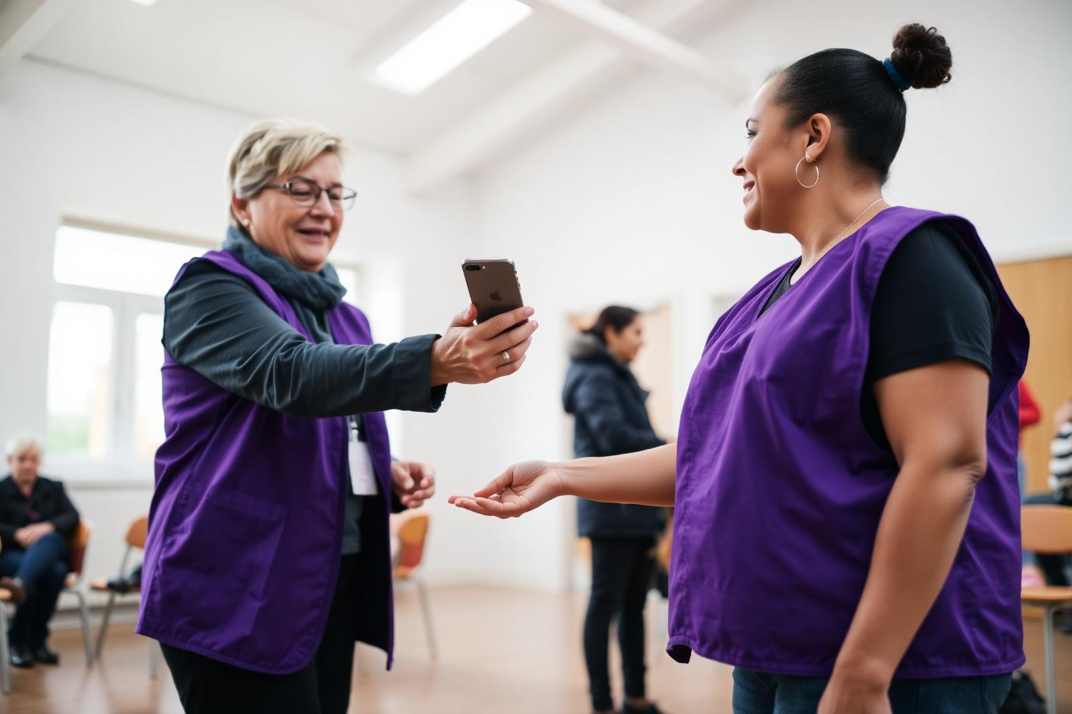 A volunteer coordinator handing a mobile phone to a volunteer in a community hall