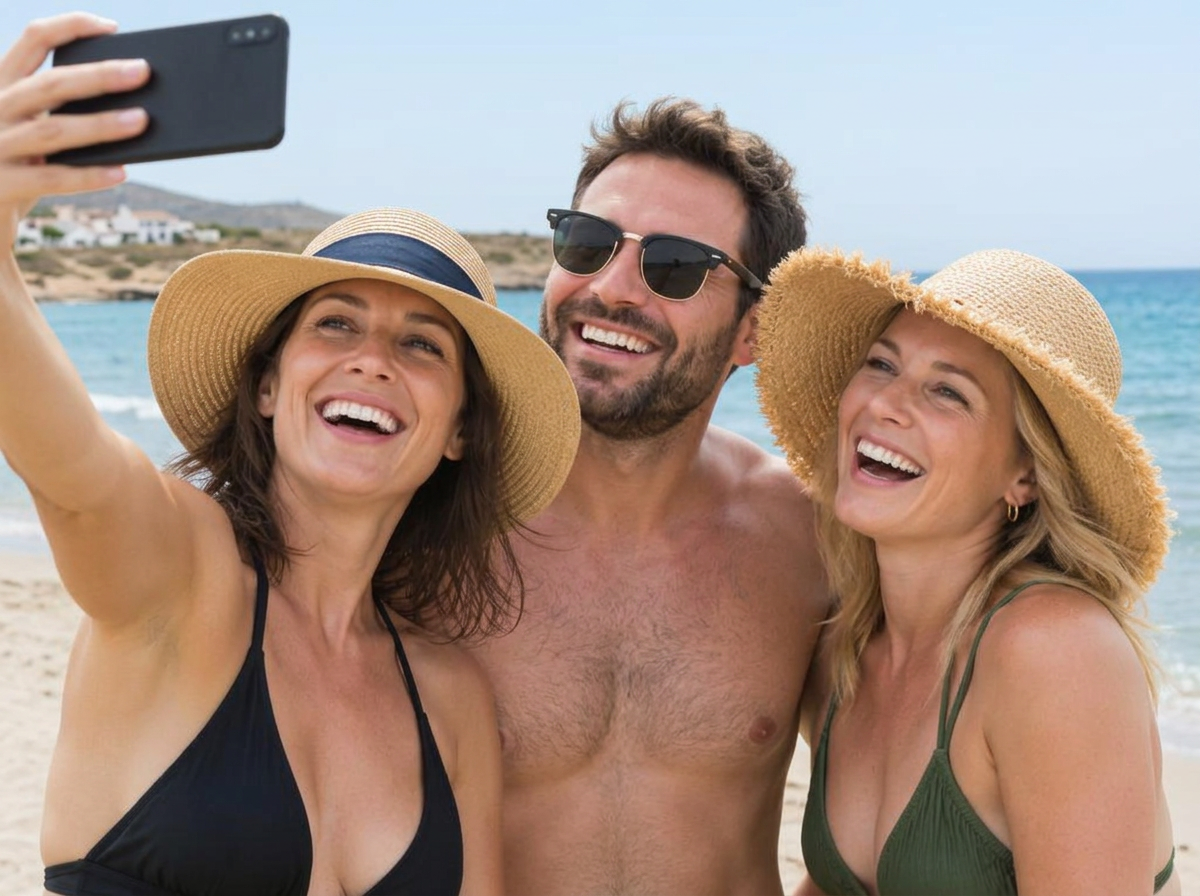 Friends taking a selfie on a Spanish beach