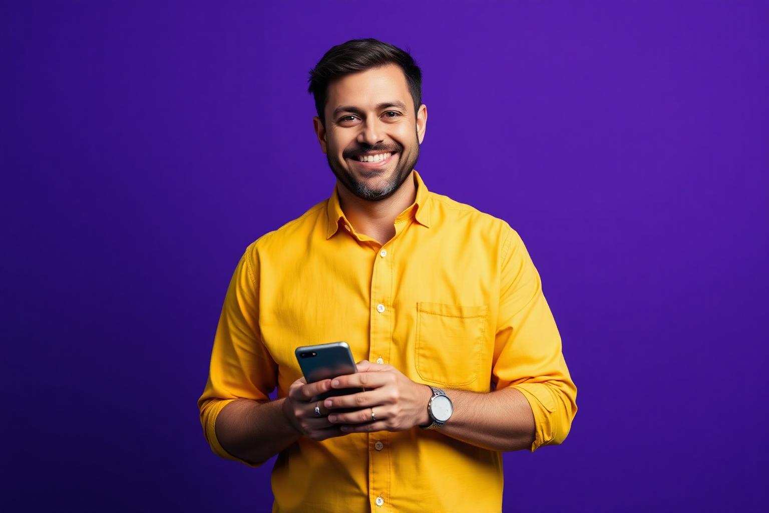A man in a yellow shirt holding his phone against a purple studio backdrop