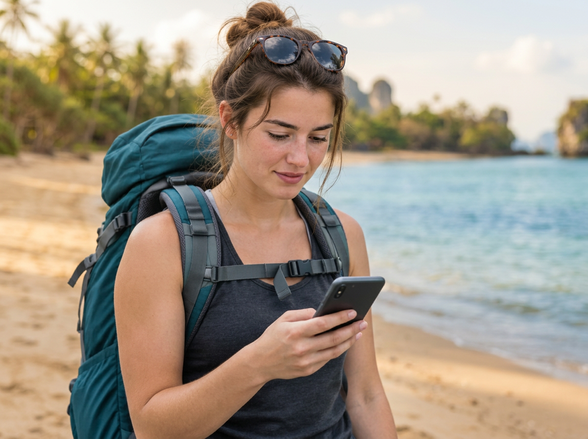 A backpacker checking her phone beside a Thai beach