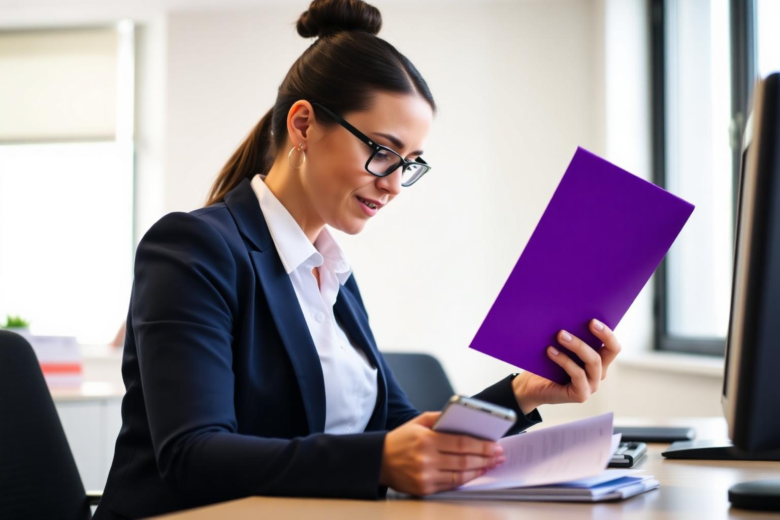 A charity administrator holding a purple folder and a phone at her desk