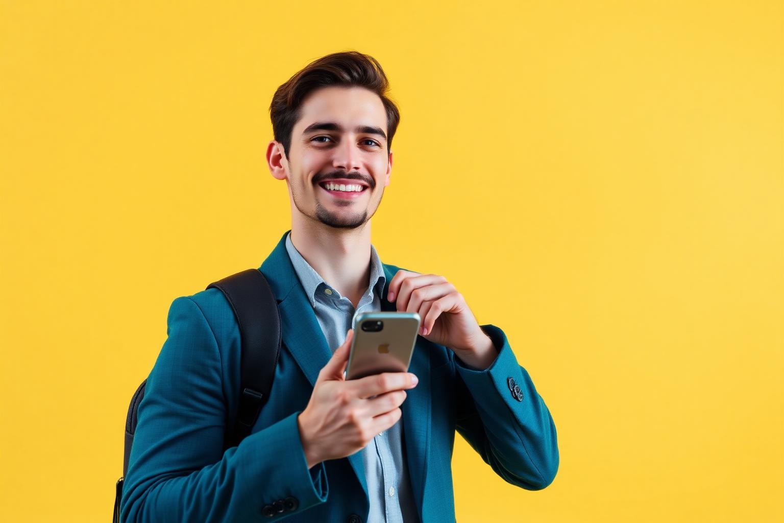 A man in a teal blazer with a backpack holding his phone against a yellow studio backdrop