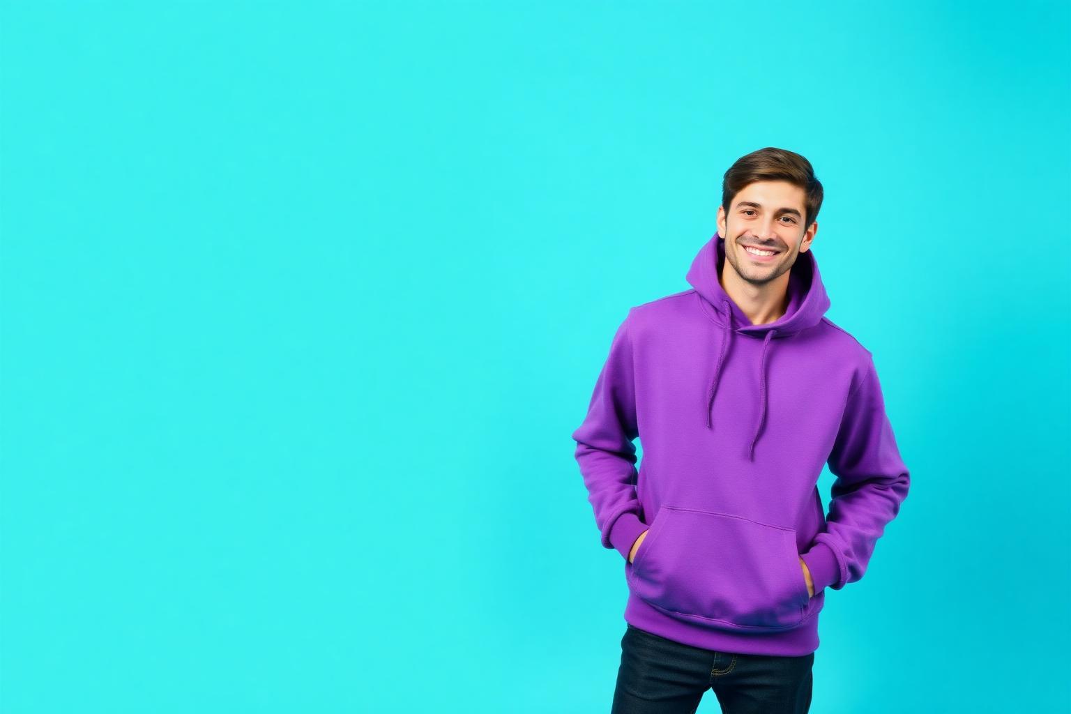 A young man in a purple hoodie smiling against a teal studio backdrop