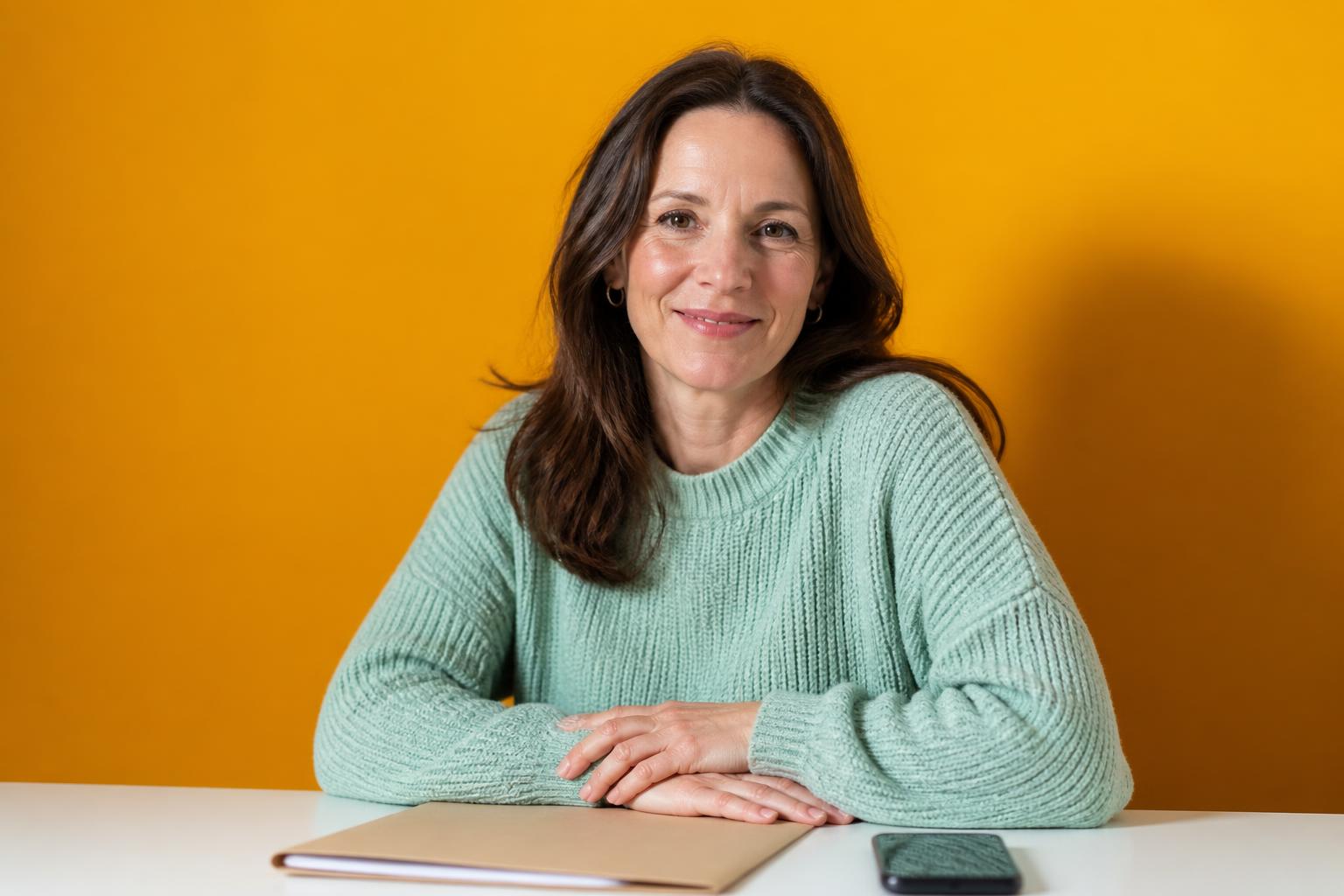 A charity manager smiling at a white desk with a folder, against a yellow studio backdrop