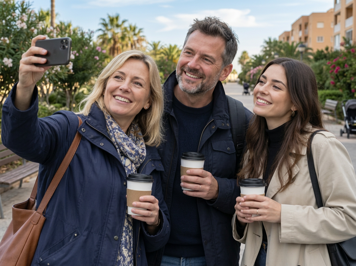 A family taking a selfie on a leafy Florida promenade