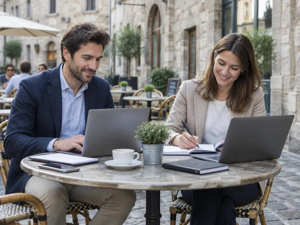 Colleagues working at a café abroad
