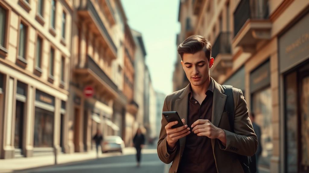 Person using their phone on a European city street