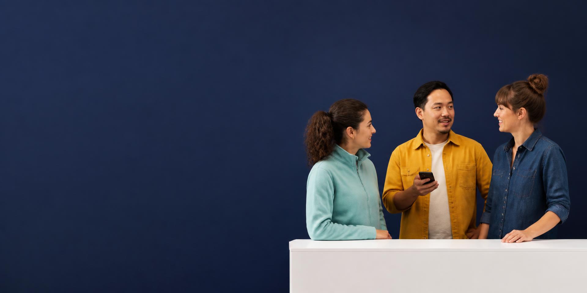 Three colleagues in a teal fleece, yellow overshirt and denim shirt talking at a white counter against a navy studio backdrop