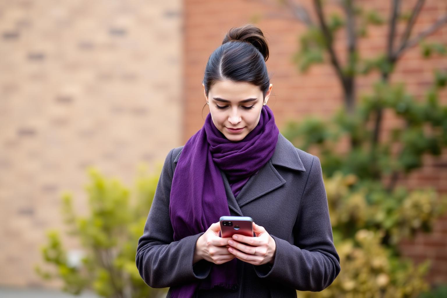 A charity outreach worker in a purple scarf checking her phone outdoors