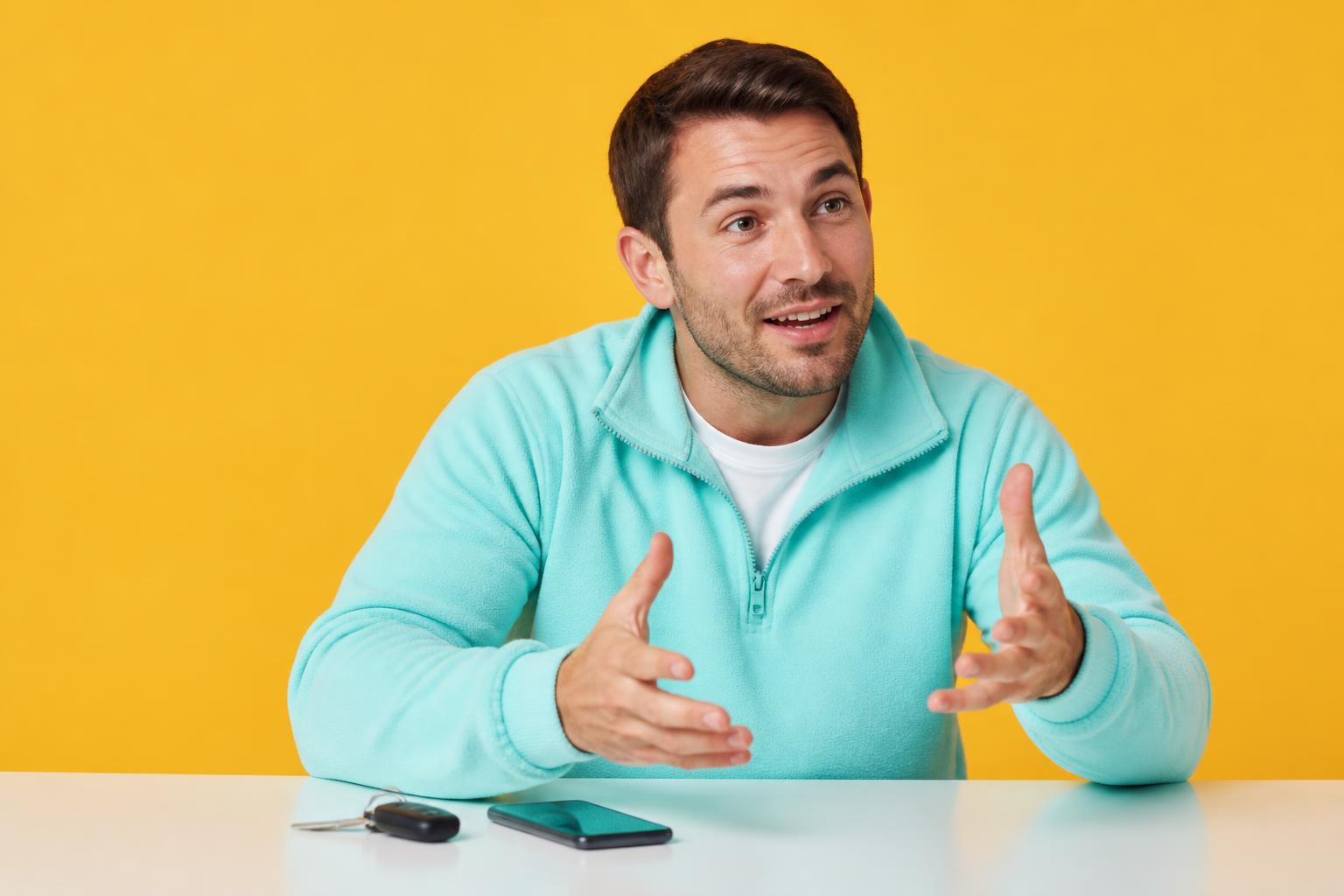 A tradesperson in a teal fleece talking at a white desk with his van keys and phone, against a yellow studio backdrop